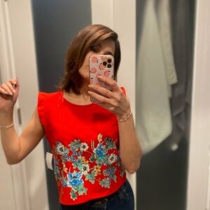 Zara Tops | Zara Red Ruffle Floral Crop Top | Color: Blue/Red | Size:S
